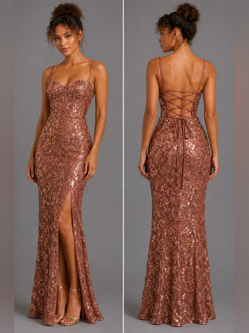 Lovesome Sequin Mermaid Maxi Dress Gown Brown Gold Size Small